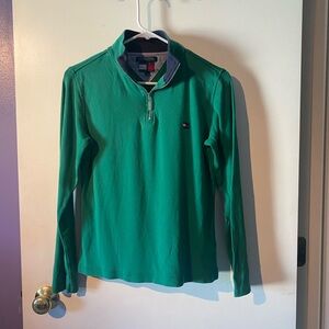 Tommy Hilfiger Vintage Green 1/4 Zip Sweatshirt With Blue Collar. Size Medium
